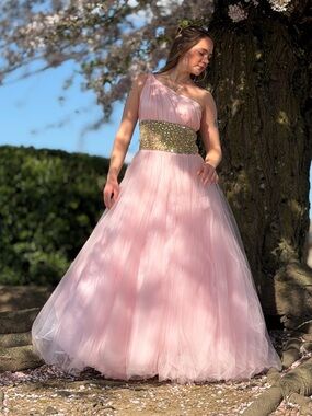 Sherri Hill Pink One-Shoulder Satin & Tulle Gown with Gold Beaded Waist